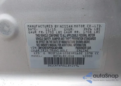 2016 Nissan Versa 1.6 S/1.6 S+/1.6 Sl/1.6 Sv from USA, damaged, VIN 3N1CN7AP2GL841496